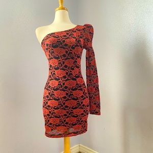 NWOT Orange/Black one shoulder dress